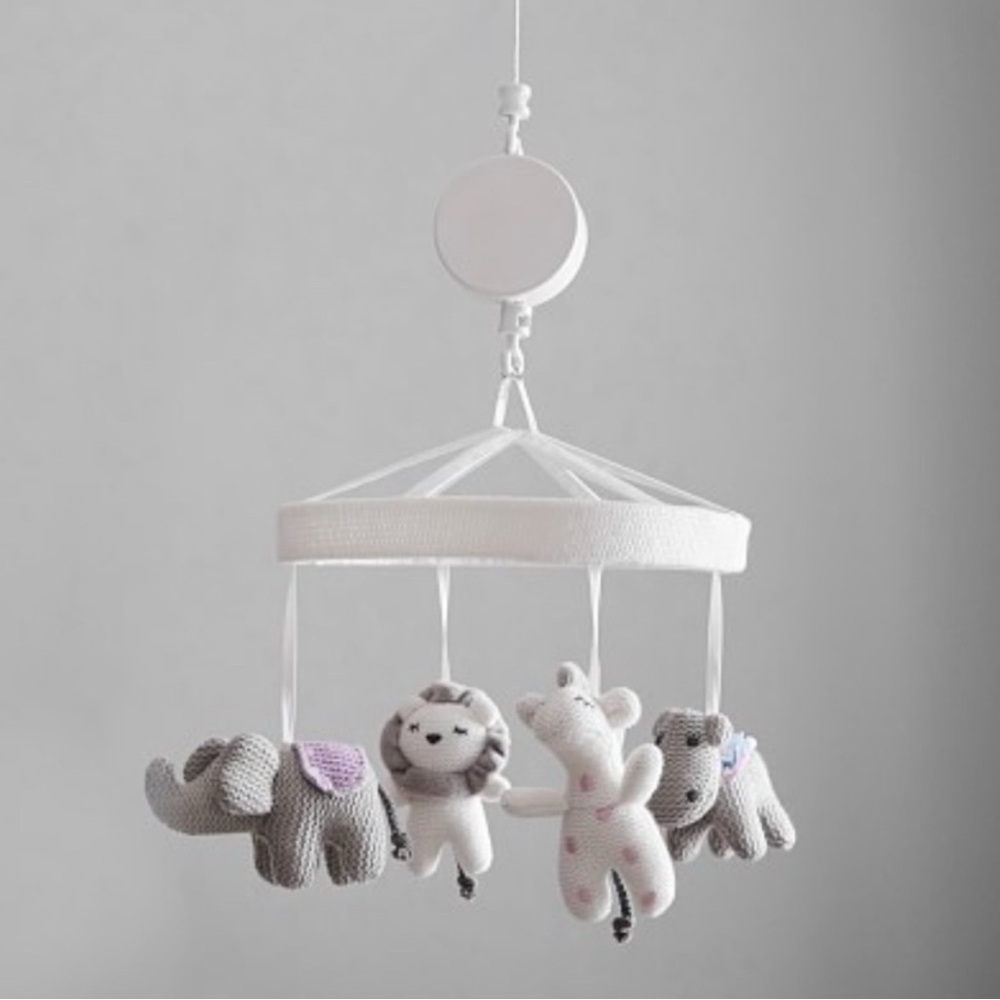 Pottery barn Knit Animal Baby Mobile - White & Light Gray with Pastel Accents